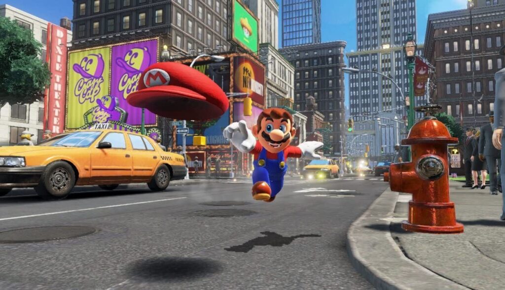 Mario rzucający swoją czapką w mieście w grze Super Mario Odyssey