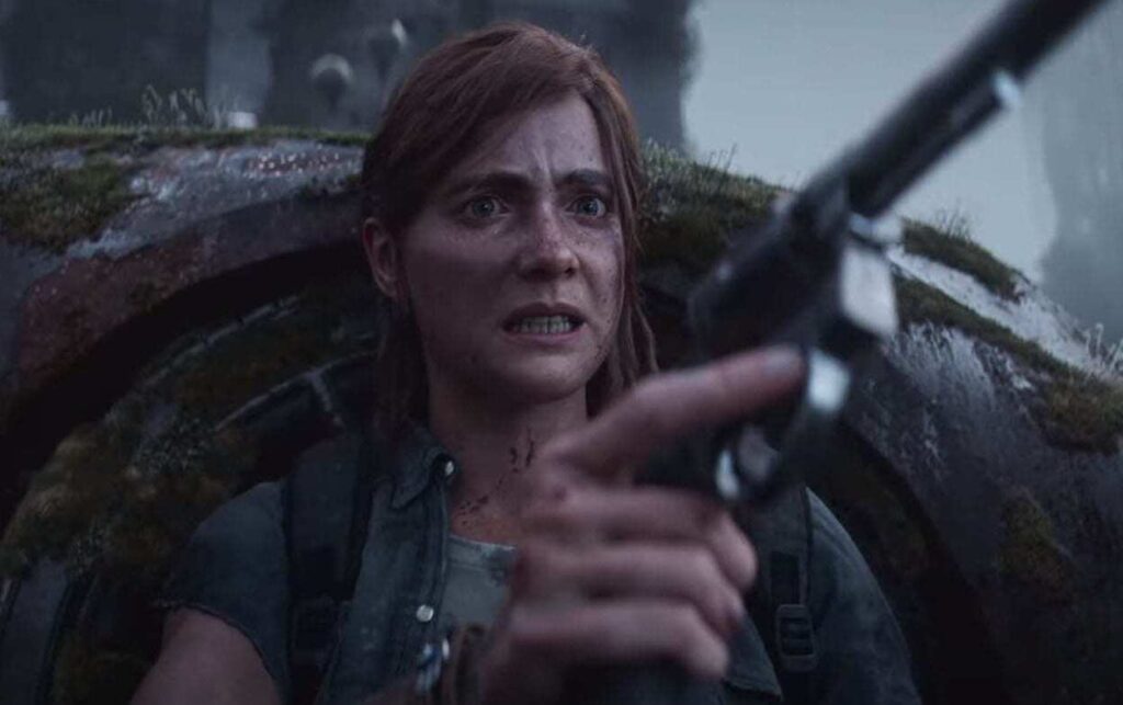 Przerażona Ellie z The Last Of Us Part 2 trzymająca rewolwer