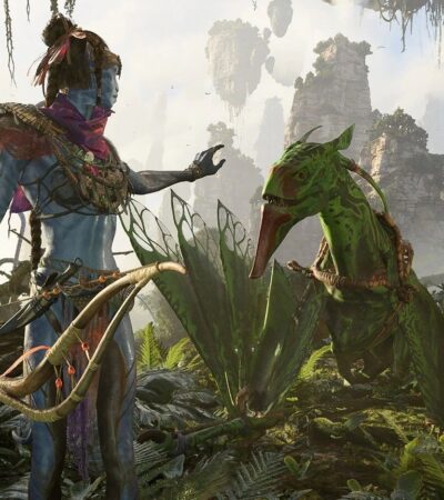 Bohater z gry Avatar: Frontiers of Pandora oswajający latające zwierzę