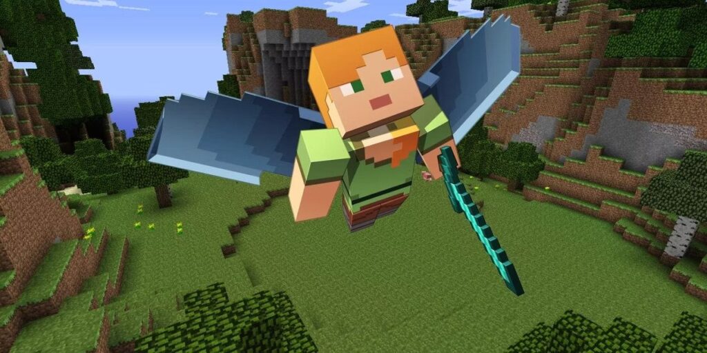 Postać z Minecraft latająca na skrzydłach Elytry