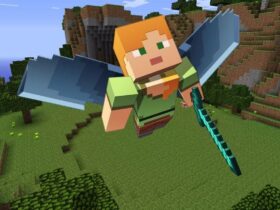 Postać z Minecraft latająca na skrzydłach Elytry