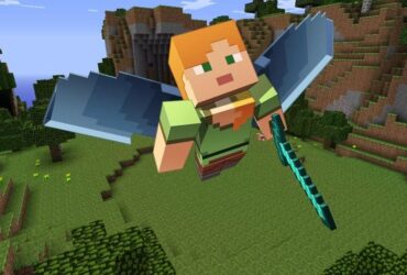 Postać z Minecraft latająca na skrzydłach Elytry