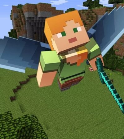 Postać z Minecraft latająca na skrzydłach Elytry