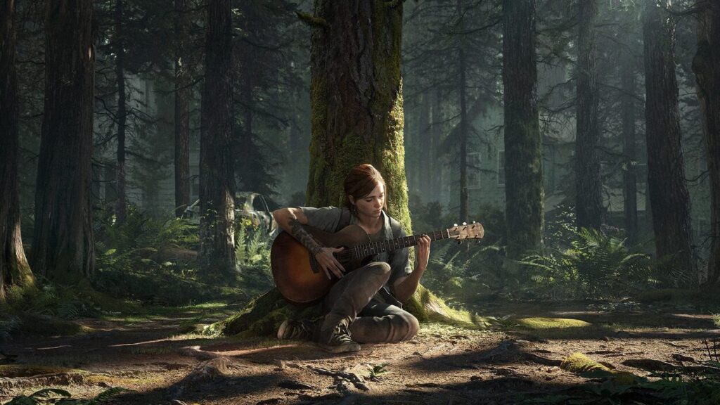 Ellie grająca na gitarze w lesie oparta o drzewo w The Last of Us Part 2