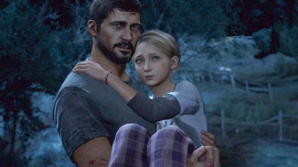 Joel z Sarah na rękach podczas nocy, wstęp do The Last Of Us
