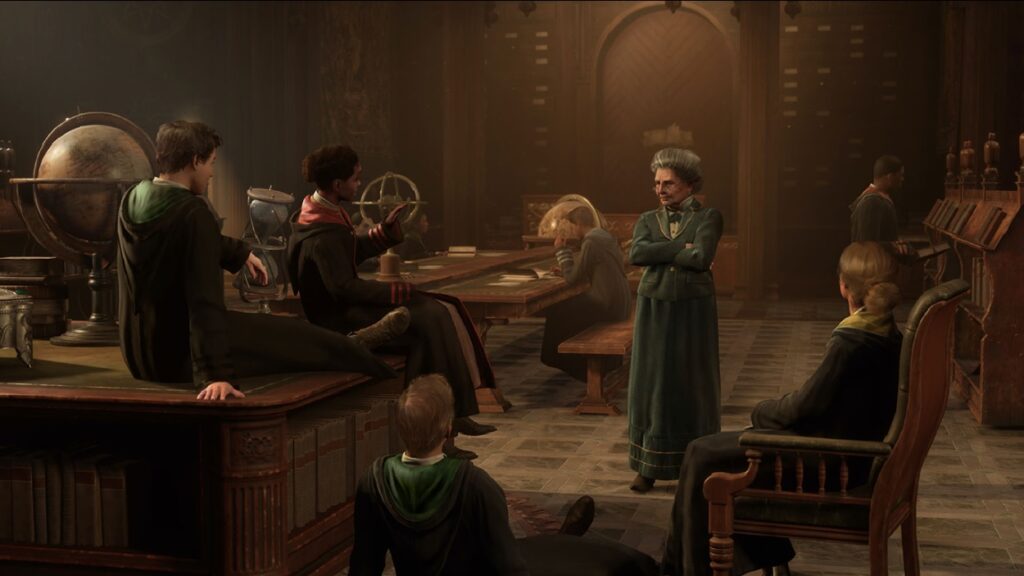 Uczniowie i nauczycielka w Hogwarcie w grze Hogwarts Legacy