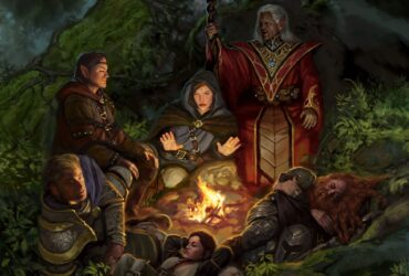 Drużyna odpoczywająca przy ognisku na grafice do Dungeons & Dragons