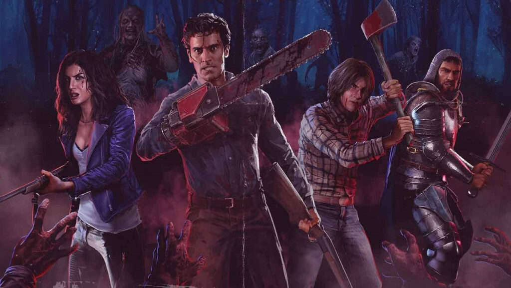 Ash Williams i 3 inne postaci otoczone zombie na grafice promocyjnej Evil Dead The Game