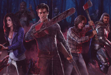 Ash Williams i 3 inne postaci otoczone zombie na grafice promocyjnej Evil Dead The Game