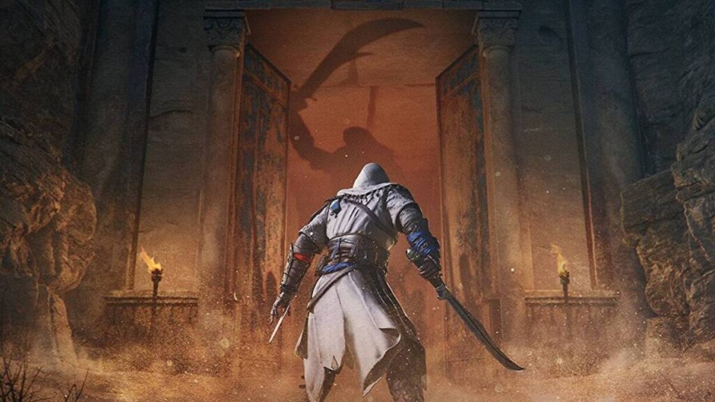 Bohater Assassin's Creed: Mirage z mieczem w pustynnej świątyni