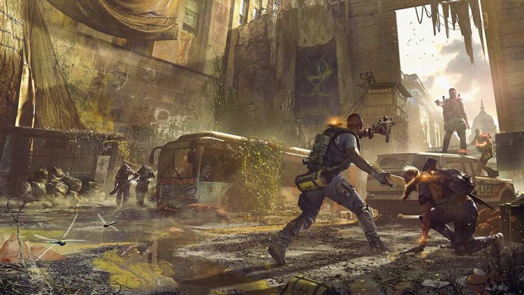 Kilku żołnierzy walczących w zarośniętym mieście w The Division 2