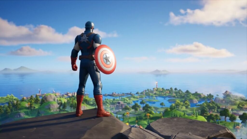 Kapitan Ameryka stojący na wzgórzu w Fortnite