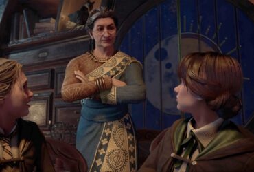 Zdenerwowana nauczycielka stojąca za dwoma uczniami czarodziejami w Hogwarts Legacy