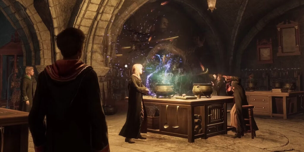 Gracz Hogwarts Legacy stojący obok kilku czarodziejów, którzy ważą eliksir