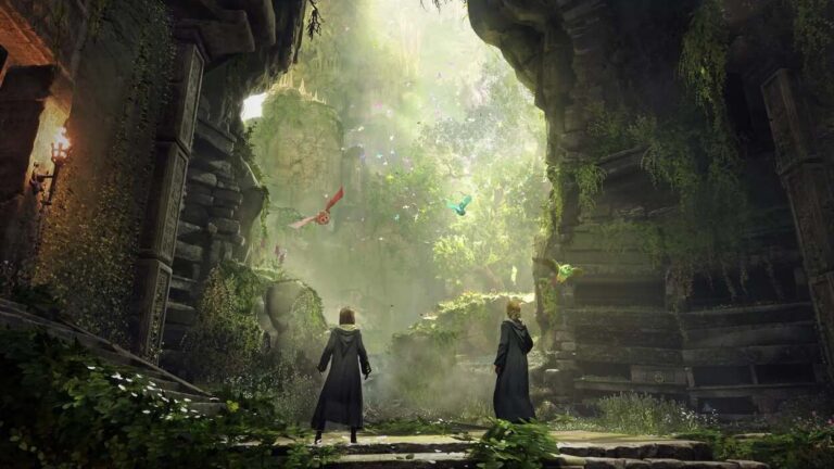 Dwie postacie z Hogwarts Legacy w leśnej świątyni