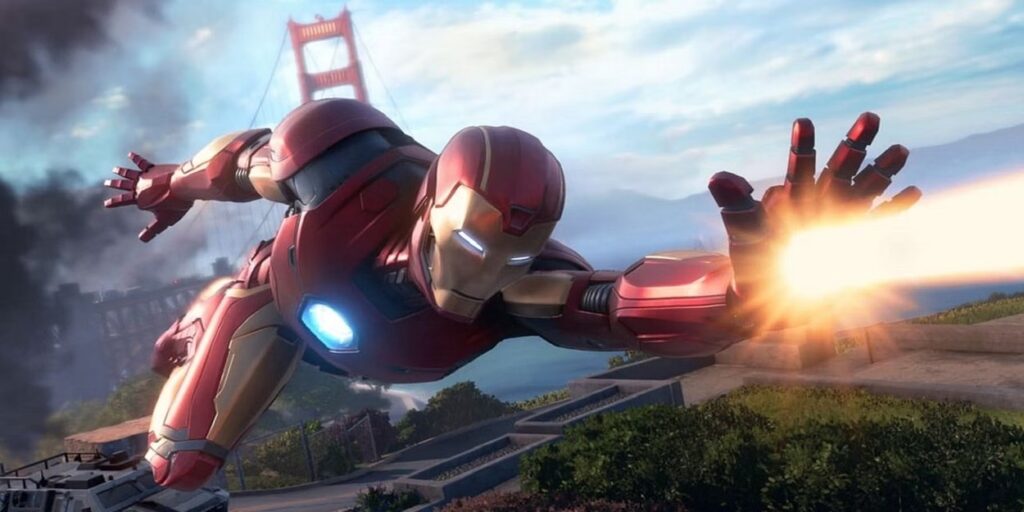 Lecący Iron Man strzelający laserem w grze Marvel's Avengers
