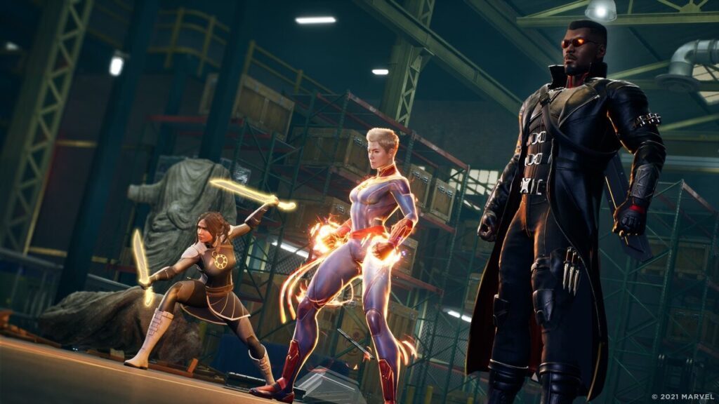 Trzech superbohaterów w budynku w grze Marvel's Midnight Suns