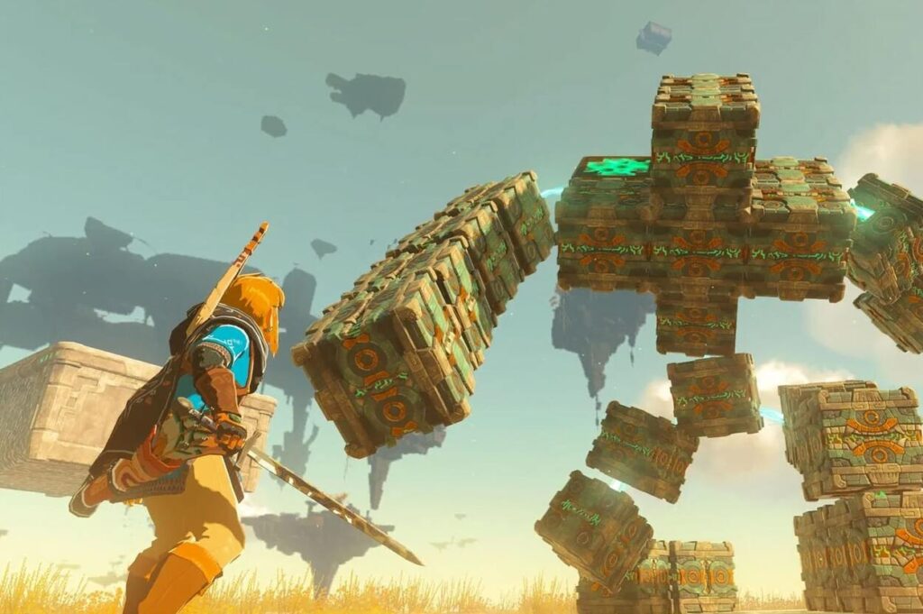 Link walczący z ogromnym golemem w The Legend of Zelda: Breath of The Wild