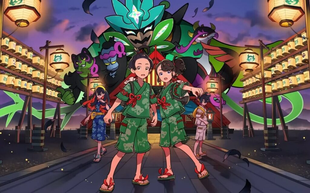 Dwie postaci z Pokemon Scarlet & Violet na tle nowego pokemona z dodatku The Hidden Treasure of Area Zero