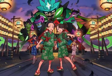 Dwie postaci z Pokemon Scarlet & Violet na tle nowego pokemona z dodatku The Hidden Treasure of Area Zero