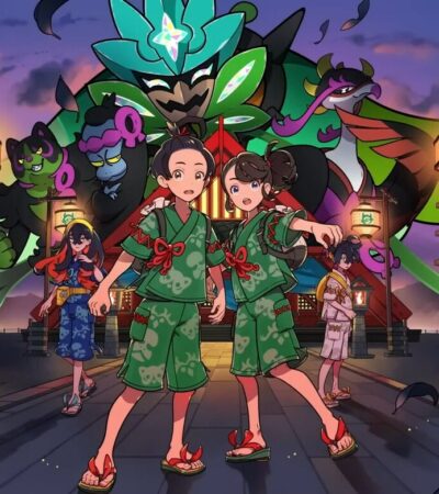 Dwie postaci z Pokemon Scarlet & Violet na tle nowego pokemona z dodatku The Hidden Treasure of Area Zero