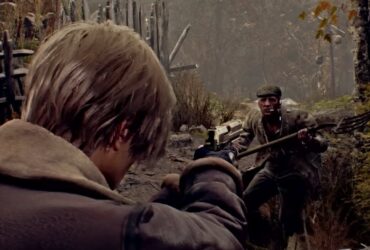 Leon celujący pistoletem do zombie z widłami w Resident Evil 4 Remake