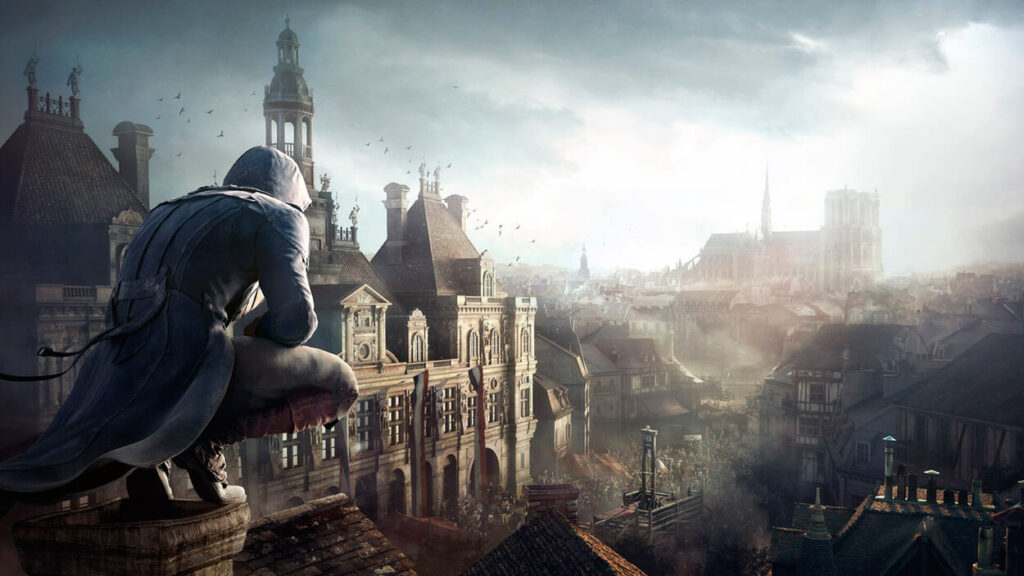 Arno stojący nad miastem na budynku w Assassin's Creed: Unity