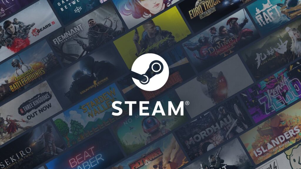 Logo Steam na tle miniaturek gier