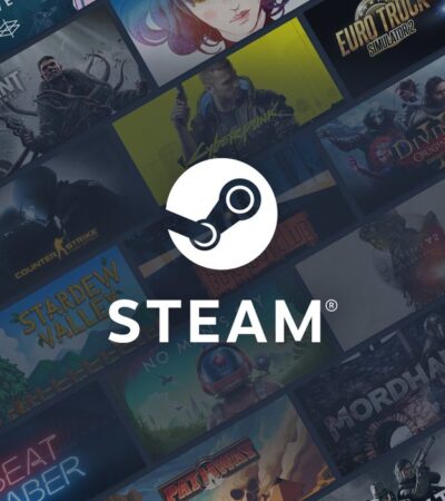 Logo Steam na tle miniaturek gier