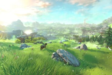 Krajobraz z gry The Legend of Zelda: Tears of The Kingdom z Linkiem na koniu