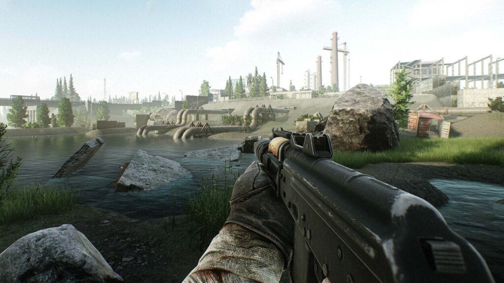 Gracz z karabinem w okolicy wodociągów w grze Escape from Tarkov