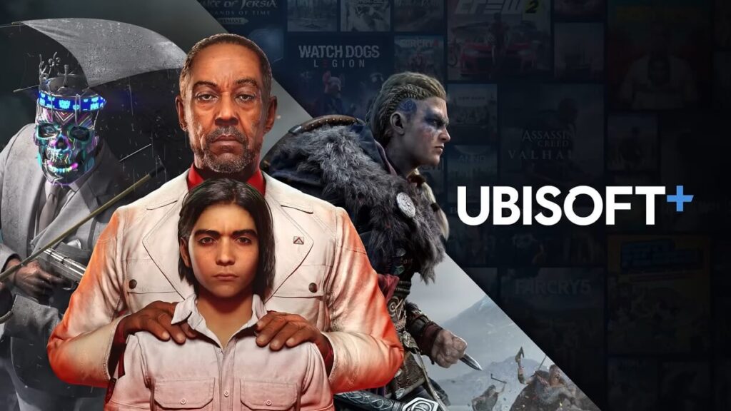 Grafika z zestawieniem gier z usługi i logo Ubisoft Plus