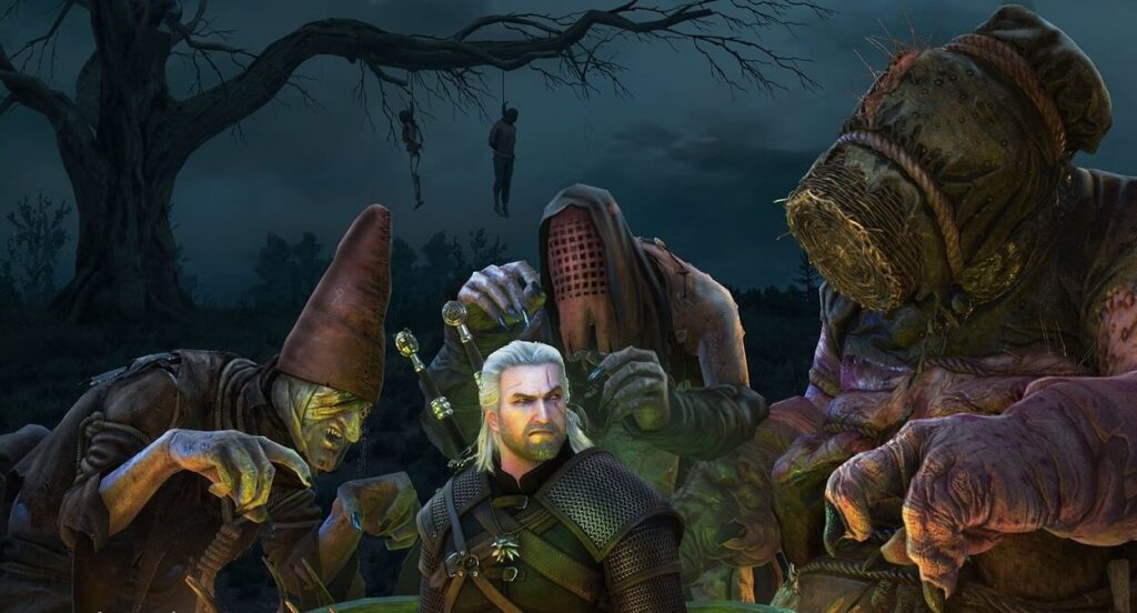 Wiedźmy z z Krzywuchowych Moczarów gotujące Geralta w kotle