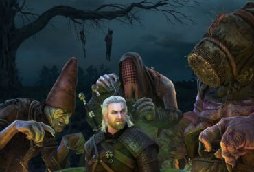 Wiedźmy z z Krzywuchowych Moczarów gotujące Geralta w kotle