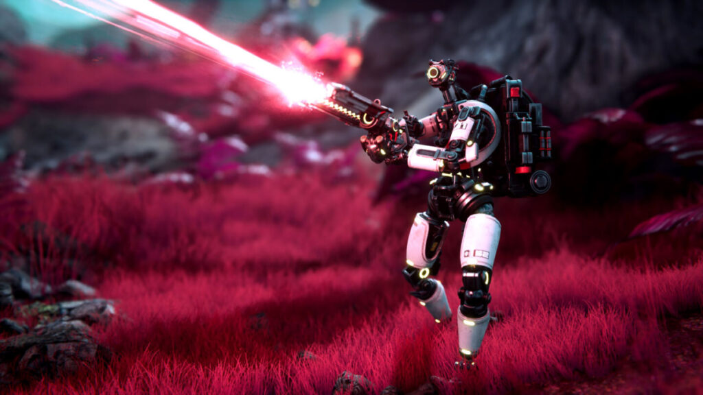 Robot stojący na różowym polu stżelający z broni różowym laserem