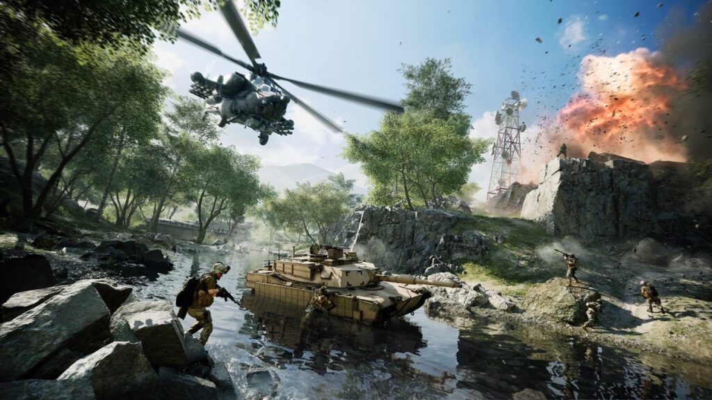 Walka żołnierzy, helikoptera i czołgów w lesie w Battlefieldzie 2042