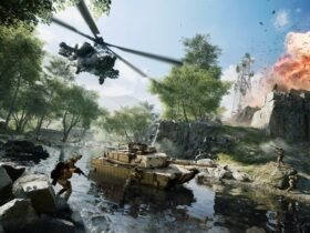 Walka żołnierzy, helikoptera i czołgów w lesie w Battlefieldzie 2042