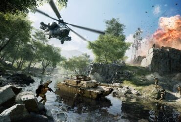 Walka żołnierzy, helikoptera i czołgów w lesie w Battlefieldzie 2042