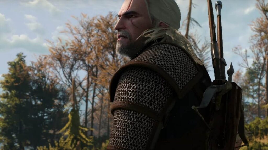 Geralt patrzący w niebo w Wiedźminie 3: Dziki Gon