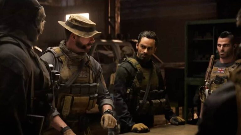 Czterech bohaterów z Call of Duty: Modern Warfare 2 rozmawiających przy stole