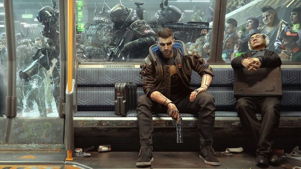 Vi siedzący obok śpiącego mężczyzny w metrze w Cyberpunku 2077