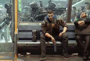 Vi siedzący obok śpiącego mężczyzny w metrze w Cyberpunku 2077