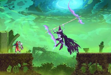 Gracz walczący z dużym bossem wyposażonym w kosę w Dead Cells: Return to Castlevania