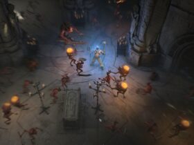 Barbarzyńca walczący z hordą szkieletów w dużej sali w grze Diablo 4