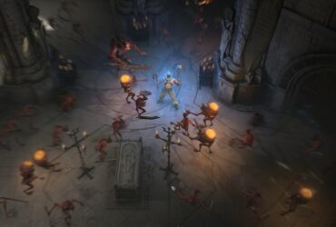 Barbarzyńca walczący z hordą szkieletów w dużej sali w grze Diablo 4