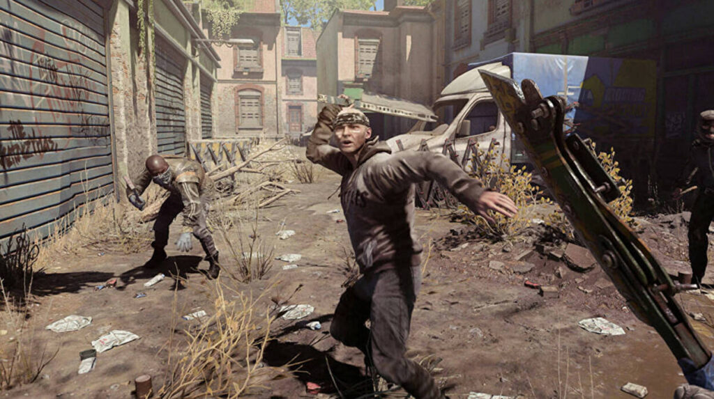 Gracz walczący z dwoma przeciwnikami w mieście za pomocą broni białej w Dying Light 2