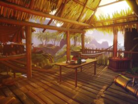 Gracz z lunetą w tropikalnej chatce na wyspie w grze Call of the Sea
