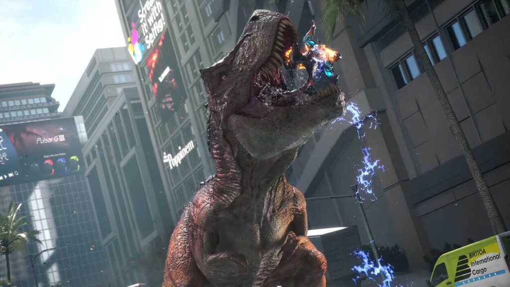 Tyranozaur pożerający gracza w mieście w grze Exoprimal