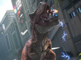 Tyranozaur pożerający gracza w mieście w grze Exoprimal