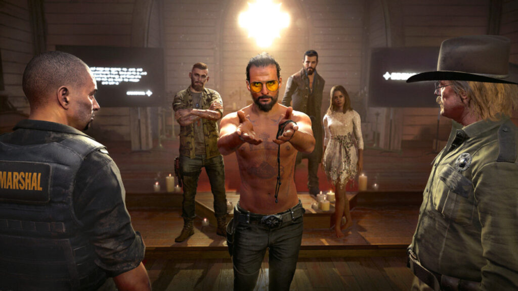 Joseph Ceed stojący przed graczem w kaplicy w Far Cry 5